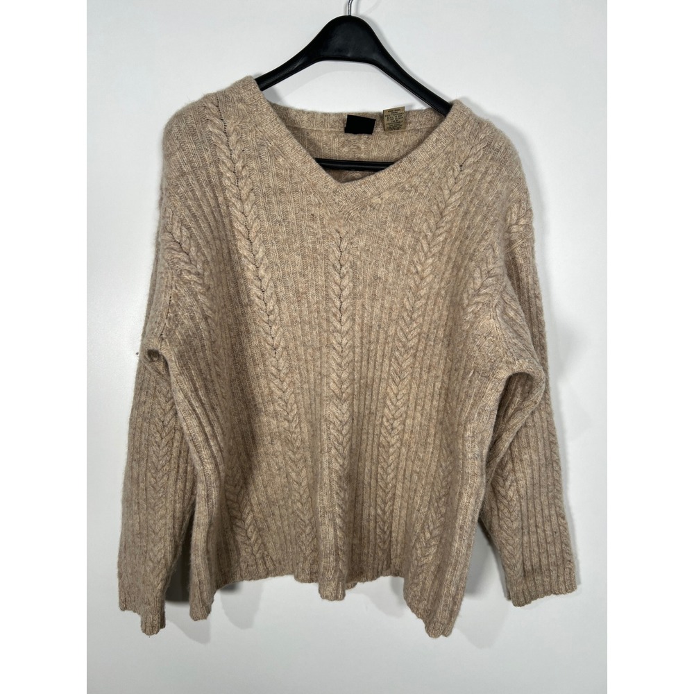 Vintage 100% Shetland Wool Tan Cable Knit VNeck Sweater Academic Cozy Fall Large